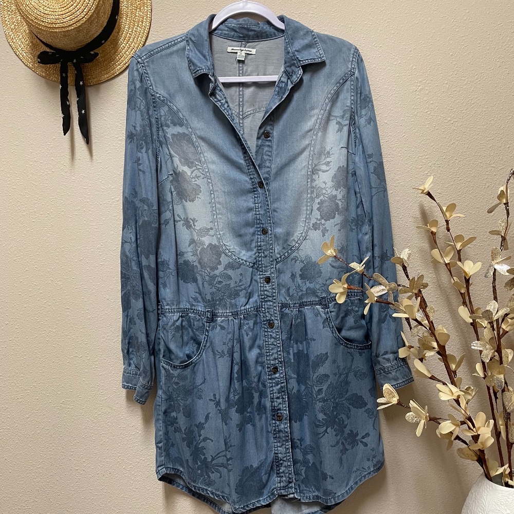 Women's Denim Floral Long Sleeve Dress  S
